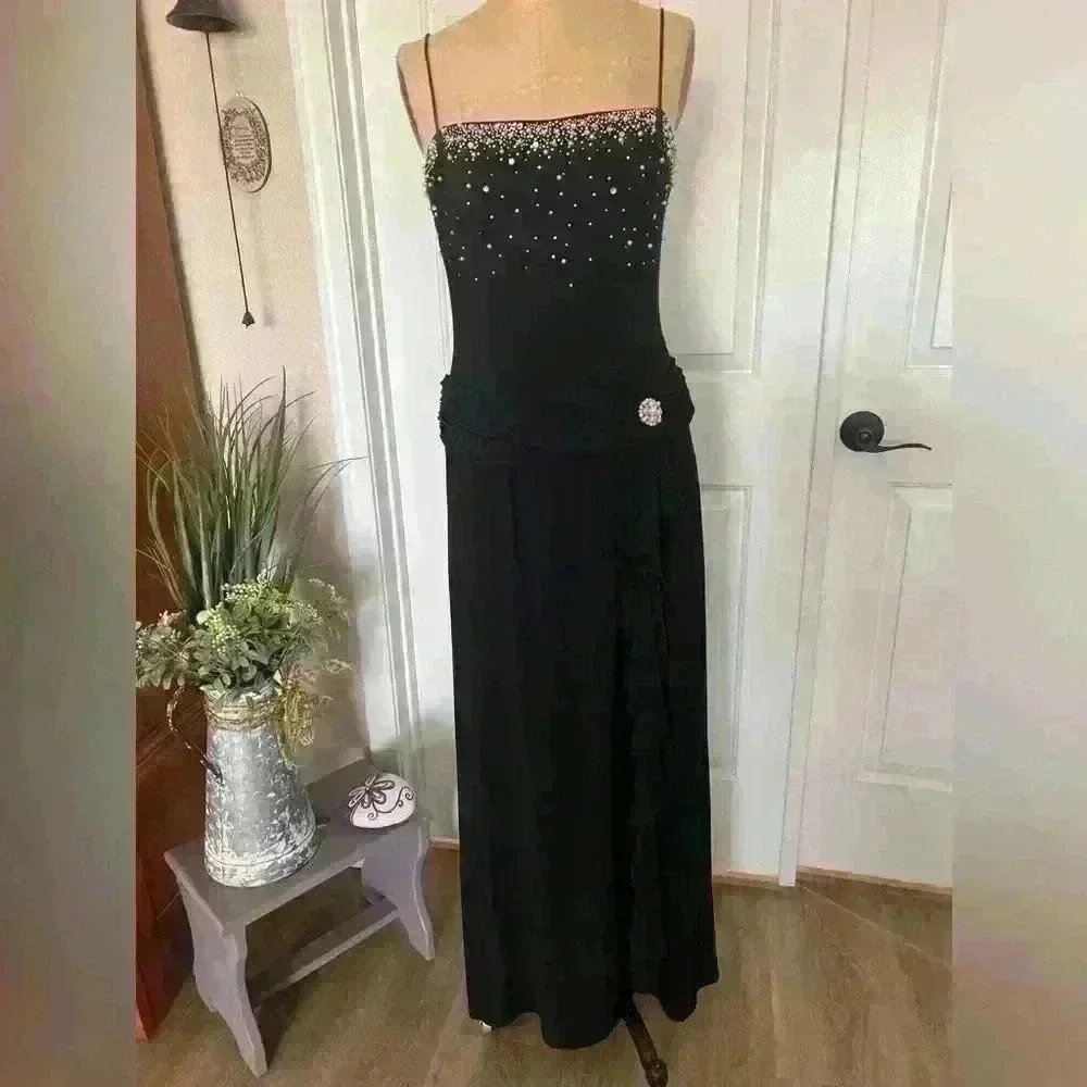 Dave and Jonny Black Long evening dress w/Pearls and Rhinestone detail.